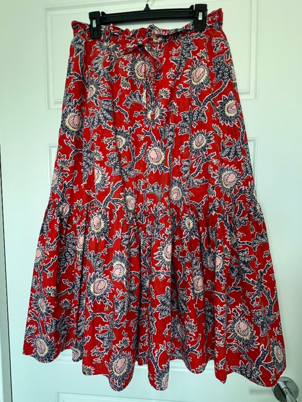 A.L.C Francis Midi Skirt Sz 4 Red Pink Floral Paisley Cotton Tiered Maxi Ruffle